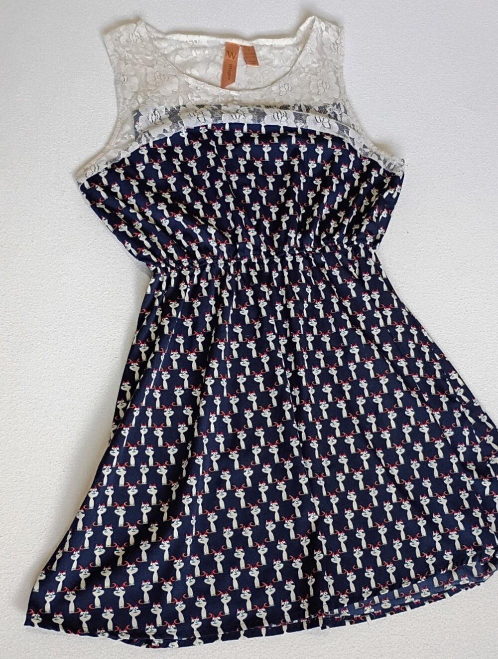 Whispers Size L Navy Cat Print White Lace-Top Lightweight Casual Summer Dress
